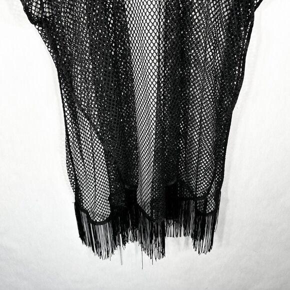 Just Be One Size Swim Cover Up Mesh Tasseled Black Swimwear Short Sleeve 1222 - Picture 3 of 7